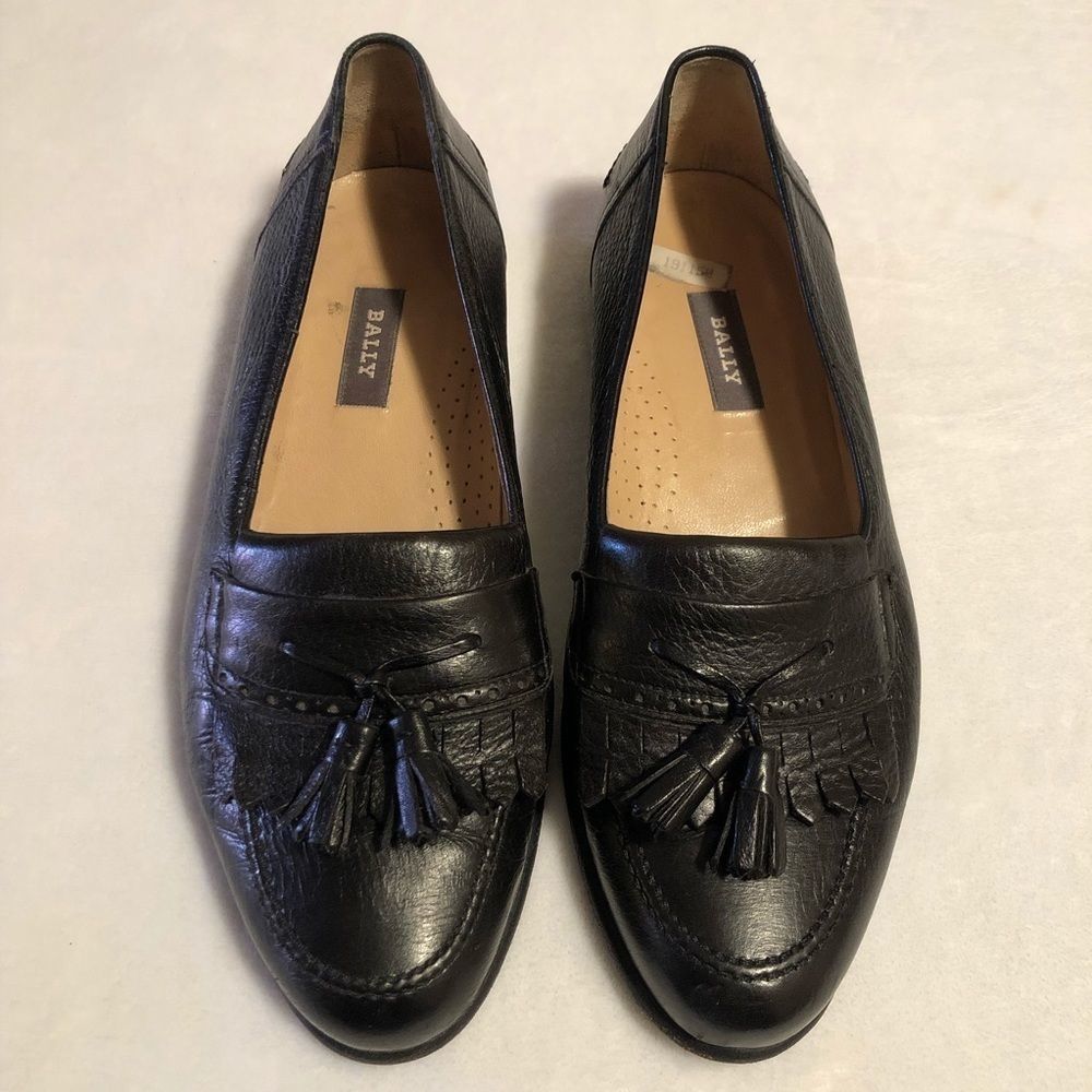 BALLY Black Leather Slip-On Tassel Loafers